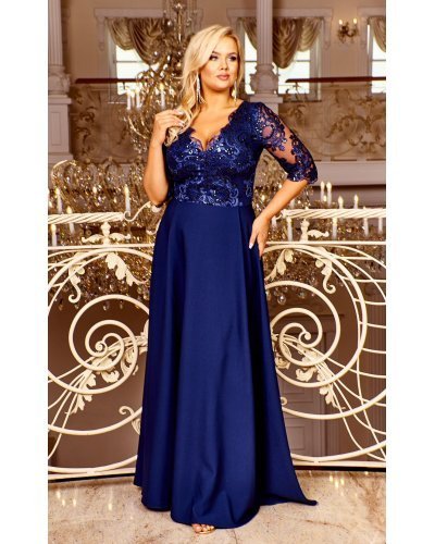 Rochie lunga eleganta din dantela cu broderie si paiete bleumarin Alizaa Rochii lungi, Rochie lunga eleganta din dantela cu broderie si paiete bleumarin Alizaa - jojofashion.ro