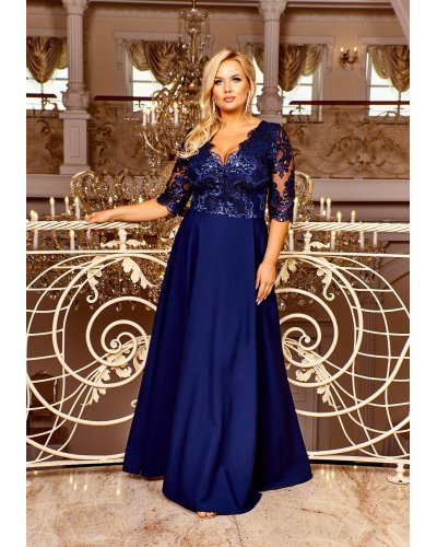 Rochie lunga eleganta din dantela cu broderie si paiete bleumarin Alizaa Rochii lungi, Rochie lunga eleganta din dantela cu broderie si paiete bleumarin Alizaa - jojofashion.ro