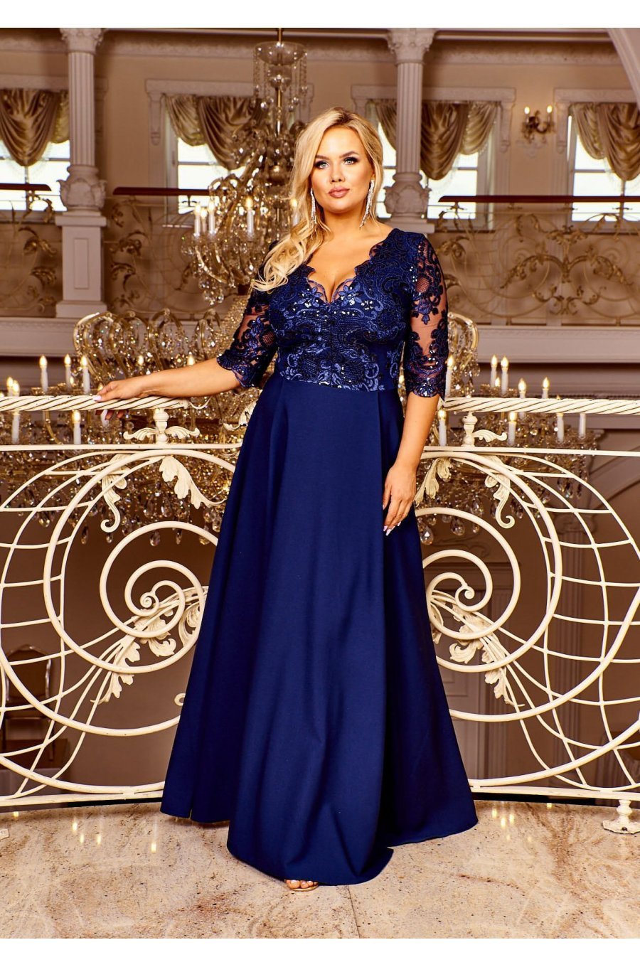 Rochie lunga eleganta din dantela cu broderie si paiete bleumarin Alizaa 2 - jojofashion.ro