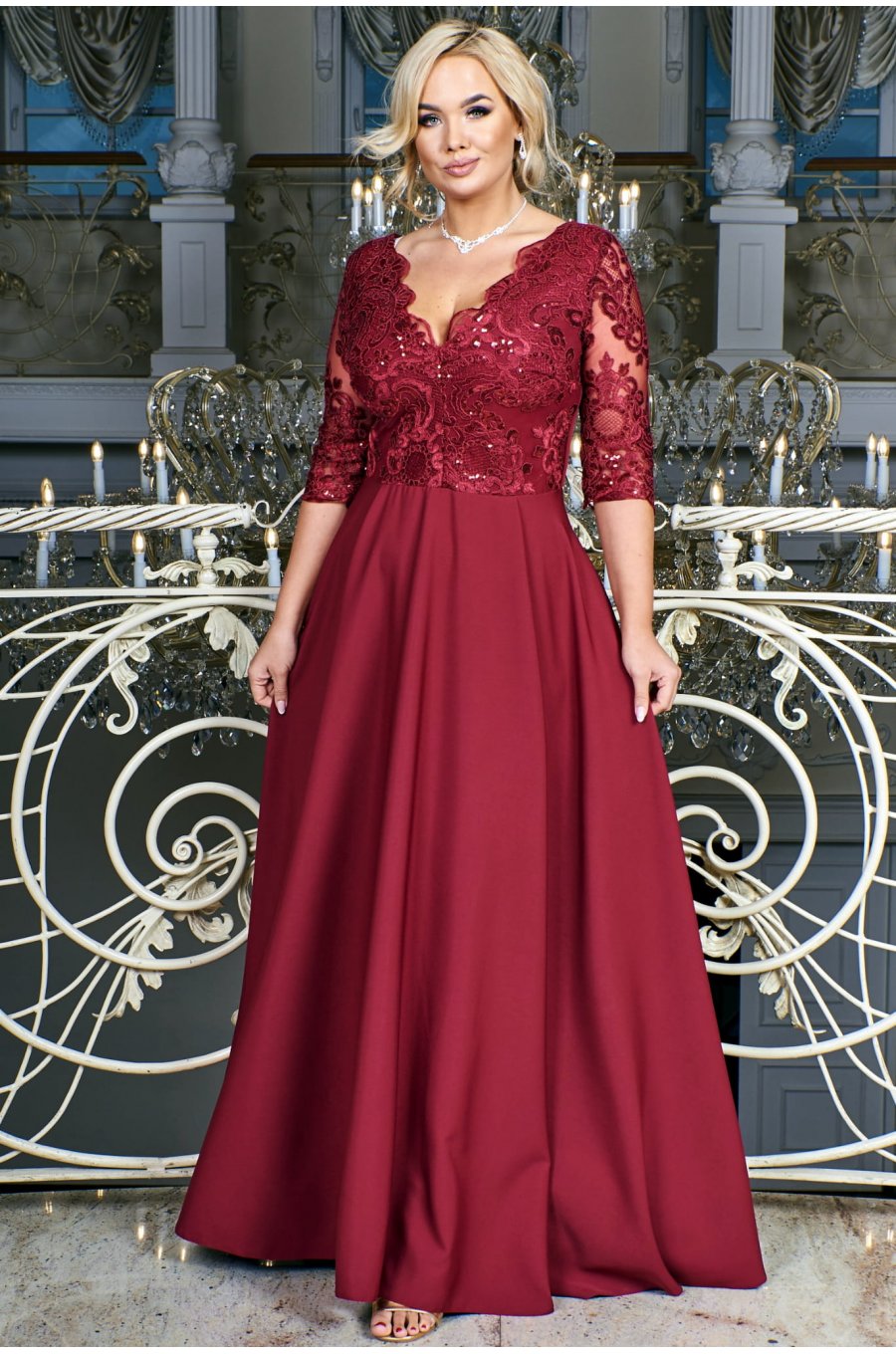 Rochie de seara eleganta in marimi mari lunga, broderie, burgundy Alizaa 1 - jojofashion.ro