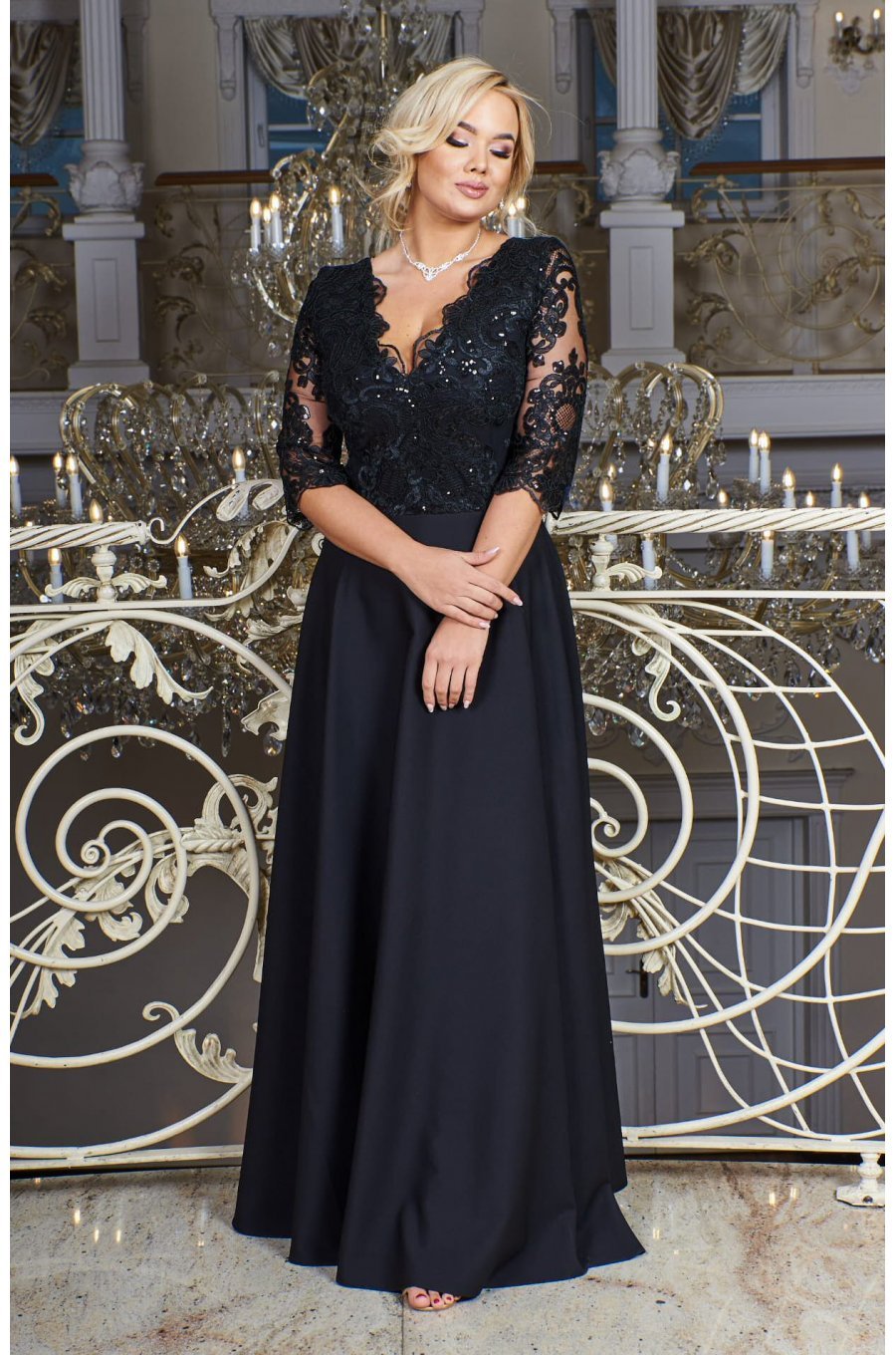 Rochie de seara eleganta in marimi mari lunga, dantela, neagra Alizaa 2 - jojofashion.ro