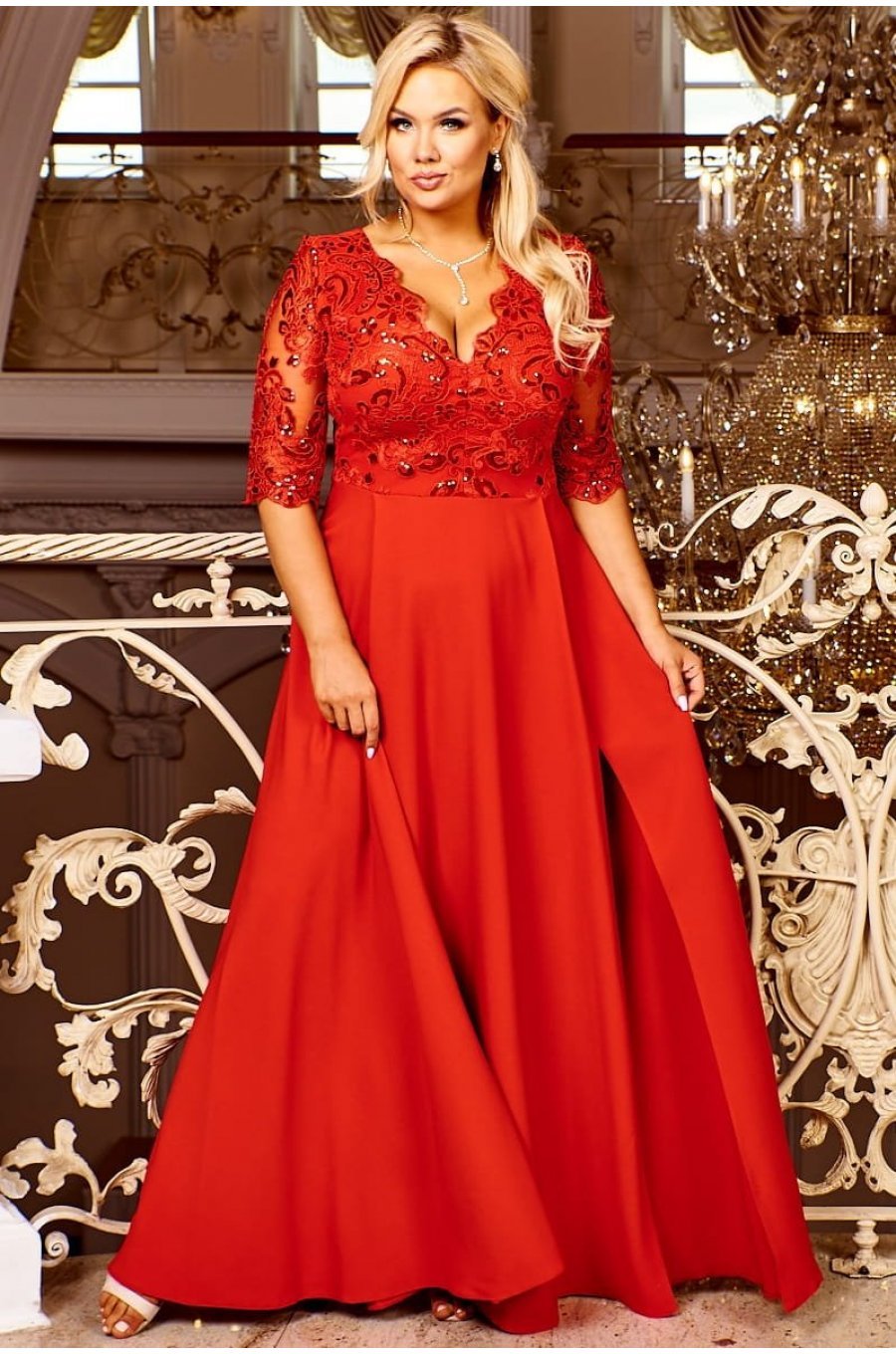 Rochie lunga rosie eleganta din dantela si broderie Alizaa Rochie lunga rosie eleganta din dantela si broderie Alizaa 1 - jojofashion.ro