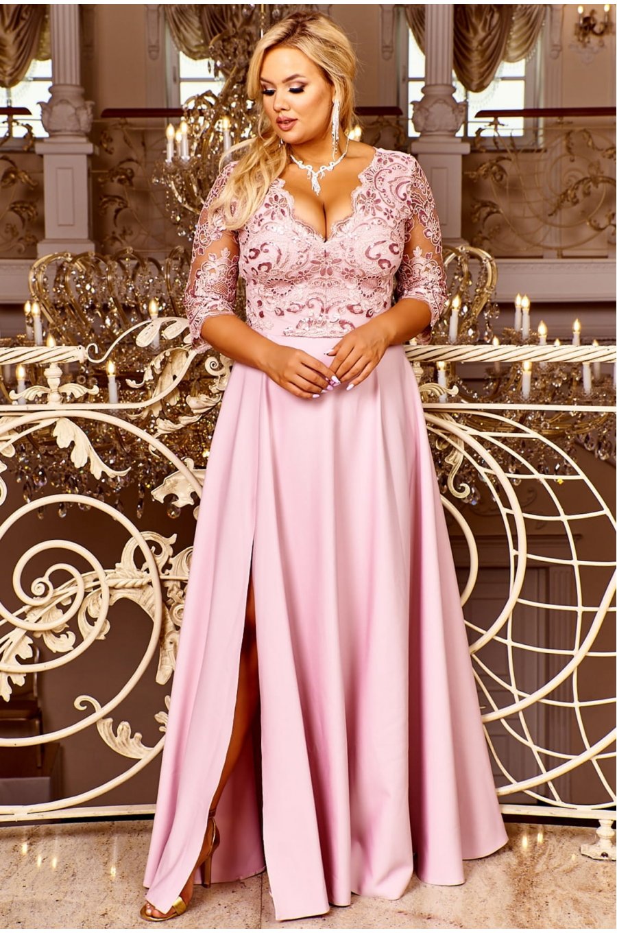 Rochie de seara eleganta in marimi mari lunga, broderie, roz pal Alizaa 1 - jojofashion.ro