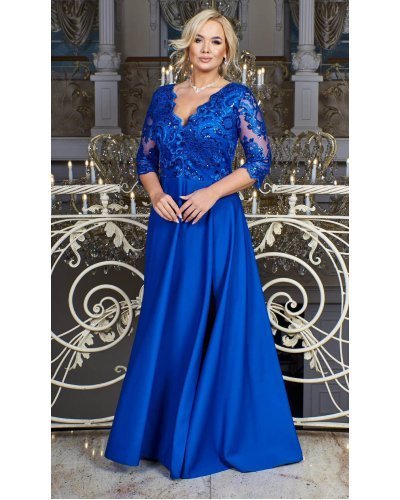 Rochie lunga eleganta albastra in marimi mari din dantela cu broderie Alizaa Rochii lungi, Rochie lunga eleganta albastra in marimi mari din dantela cu broderie Alizaa - jojofashion.ro