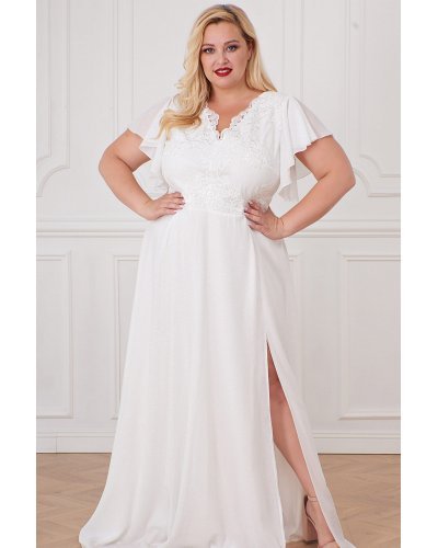 Rochie cununie civila lunga, in marimi mari, brocard si dantela,alba, Magnifique Rochii lungi, Rochie cununie civila lunga, in marimi mari, brocard si dantela,alba, Magnifique - jojofashion.ro