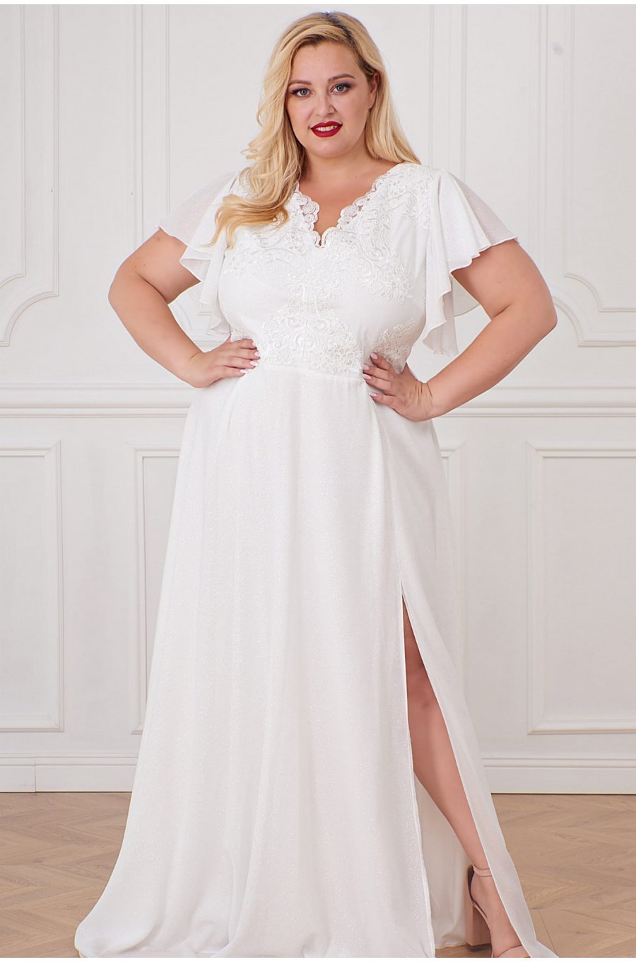 Rochie cununie civila lunga, in marimi mari, brocard si dantela,alba, Magnifique Rochie cununie civila lunga, in marimi mari, brocard si dantela,alba, Magnifique 2 - jojofashion.ro