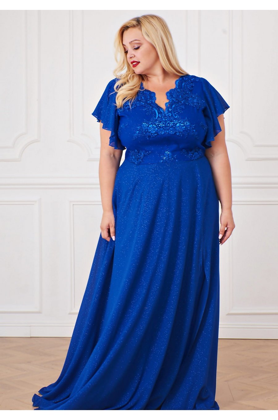 Rochie lunga eleganta albastra dantela si brocard Magnifique 2 - jojofashion.ro