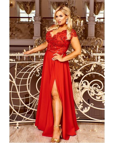 Rochie lunga eleganta rosie cu dantela Arianza Rochii lungi, Rochie lunga eleganta rosie cu dantela Arianza - jojofashion.ro