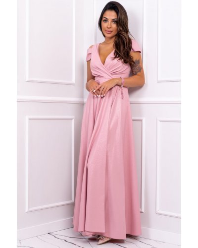 Rochie lunga roz pastel cu umerii goi din brocard Gala Rochii lungi, Rochie lunga roz pastel cu umerii goi din brocard Gala - jojofashion.ro