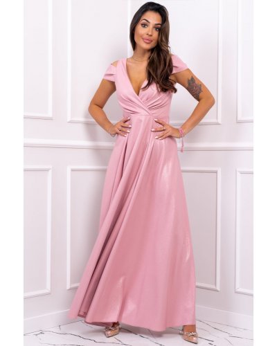 Rochie lunga roz pastel cu umerii goi din brocard Gala Rochii lungi, Rochie lunga roz pastel cu umerii goi din brocard Gala - jojofashion.ro