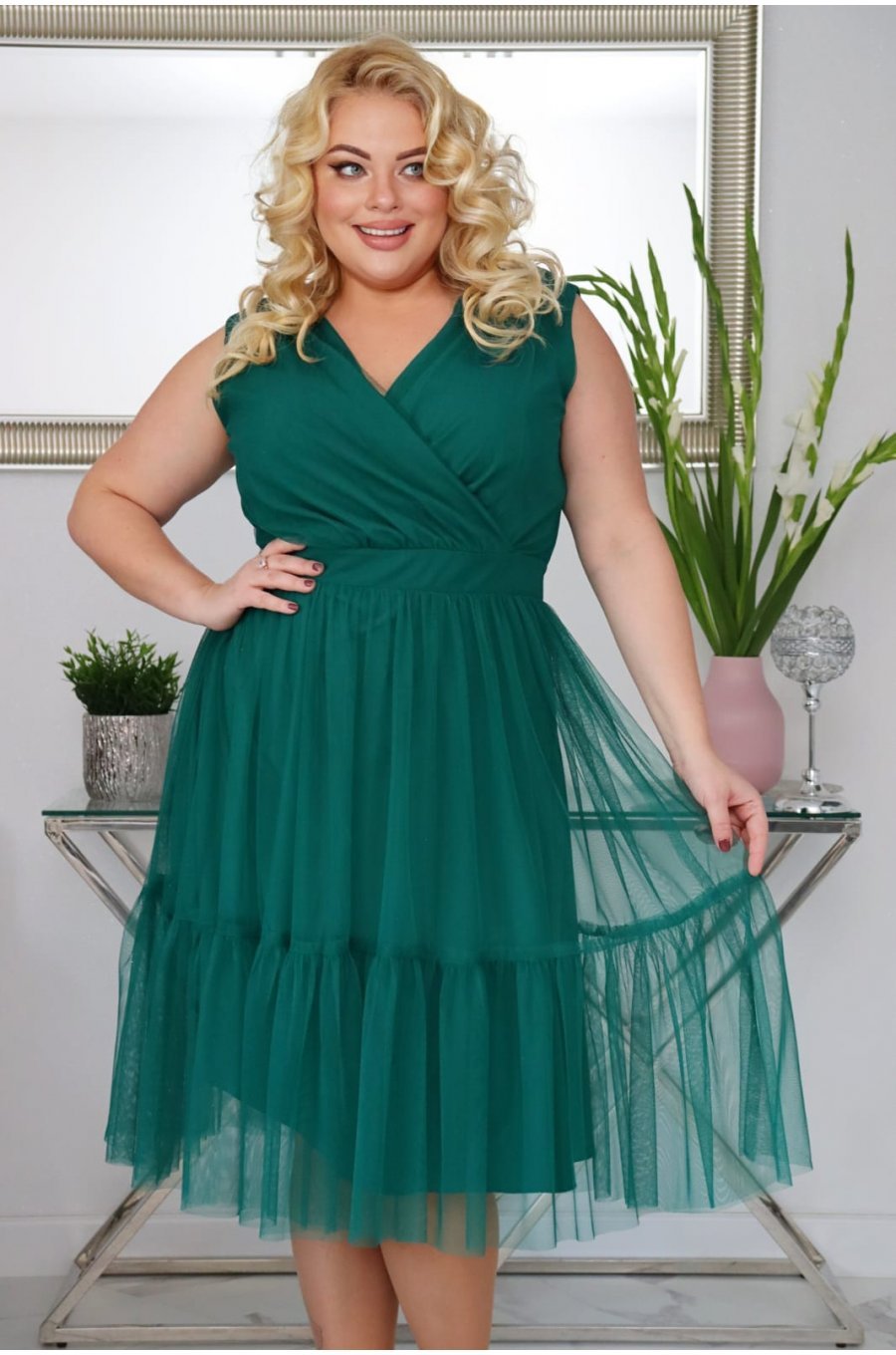 Rochie midi eleganta verde marime mare din tulle vaporoasa EfraW 2 - jojofashion.ro
