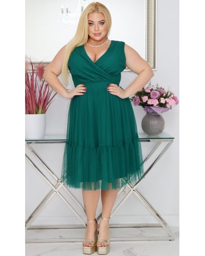 Rochie midi eleganta verde marime mare din tulle vaporoasa EfraW Rochii midi, Rochie midi eleganta verde marime mare din tulle vaporoasa EfraW - jojofashion.ro