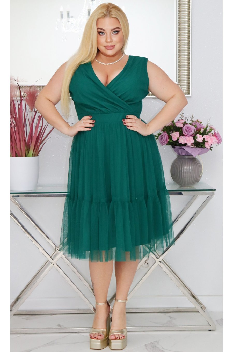 Rochie midi eleganta verde marime mare din tulle vaporoasa EfraW 1 - jojofashion.ro