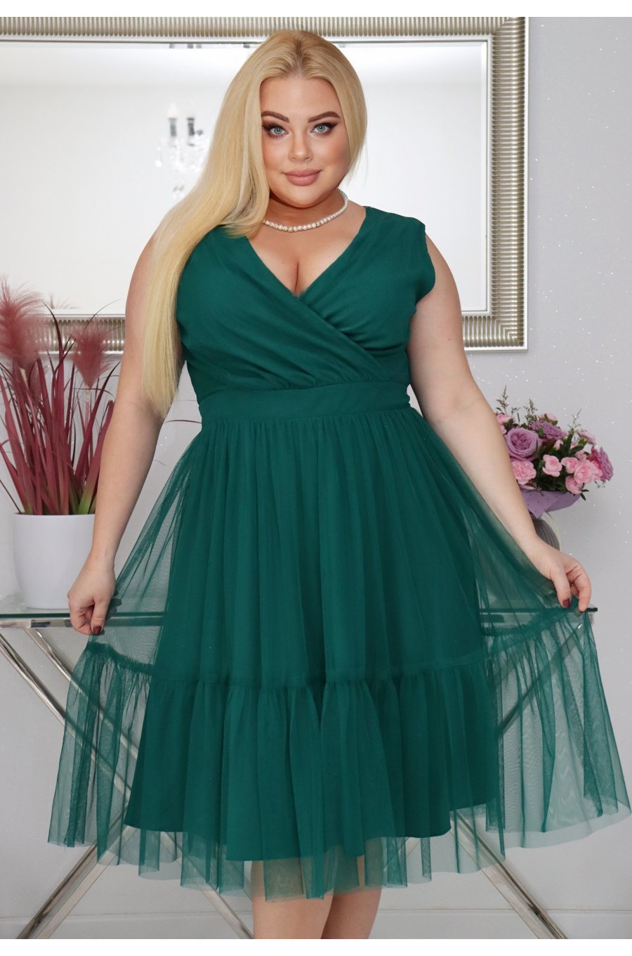 Rochie midi eleganta verde marime mare din tulle vaporoasa EfraW 3 - jojofashion.ro