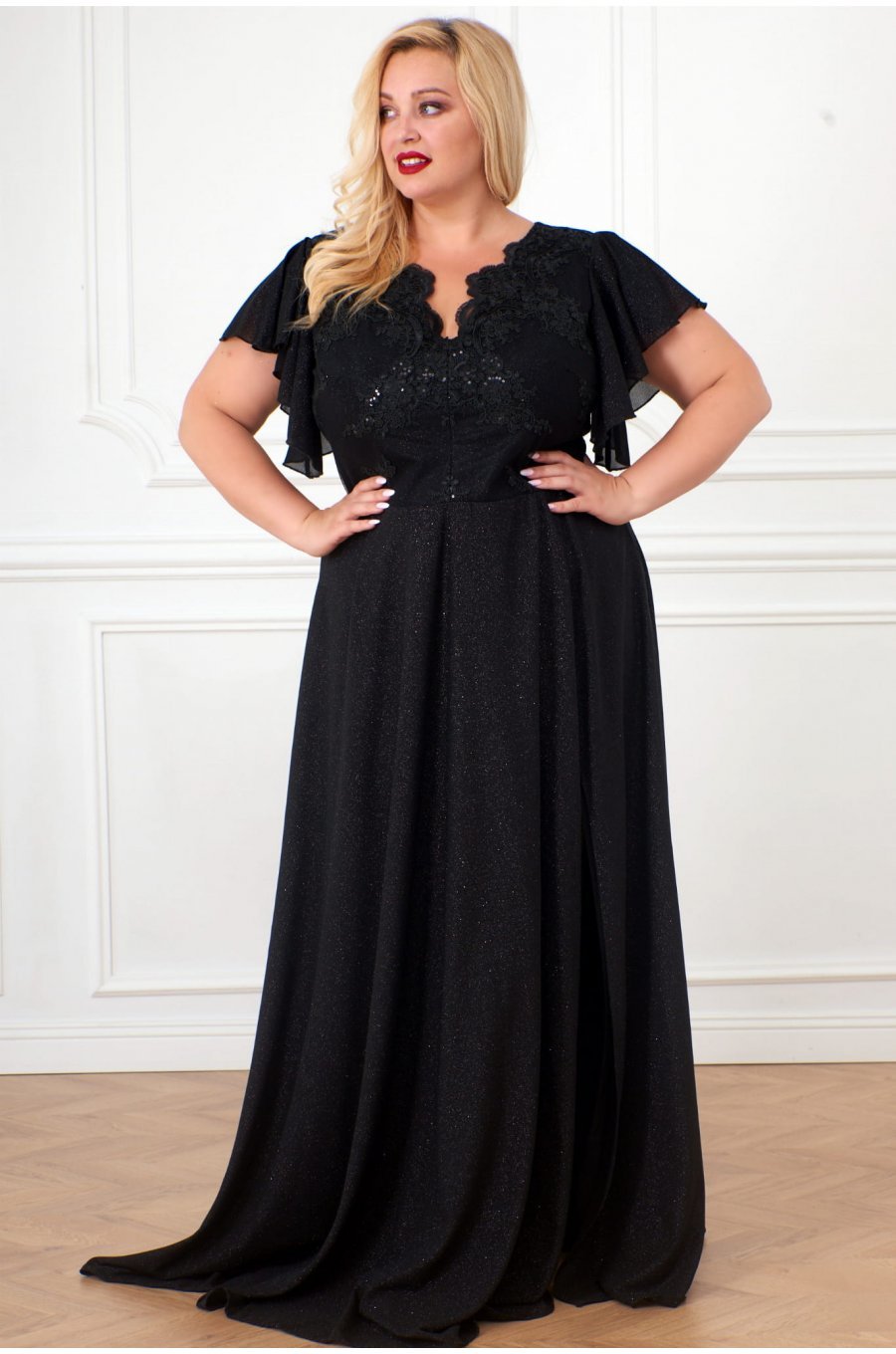 Rochie eleganta in marimi mari de seara lunga brocard si dantela neagra Magnifique 2 - jojofashion.ro
