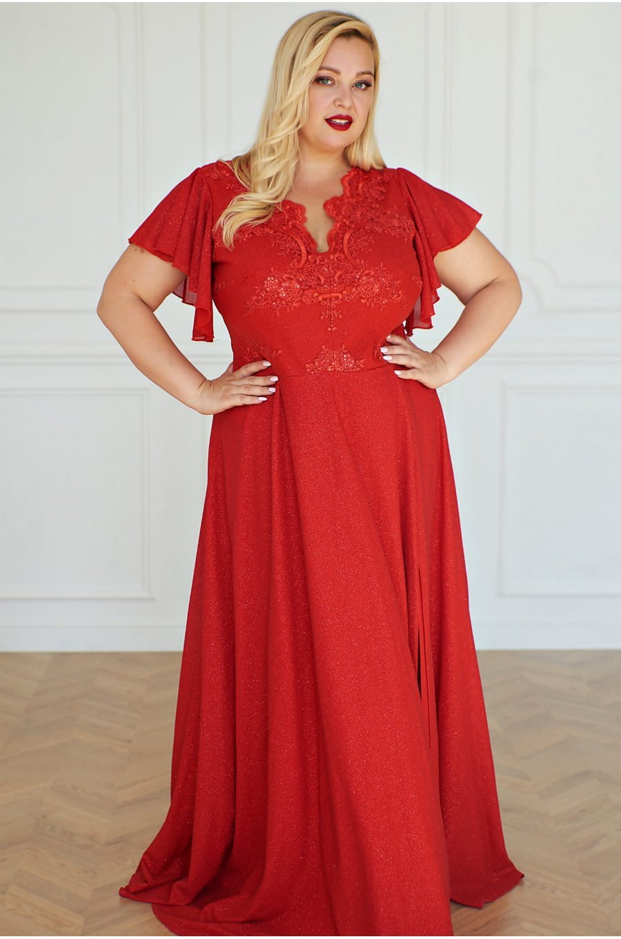Rochie eleganta in marimi mari rosie lunga din dantela si brocard Magnifique 2 - jojofashion.ro