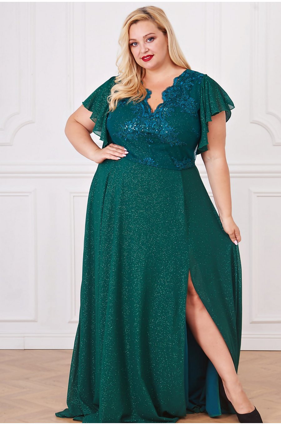 Rochie eleganta in marimi mari de seara lunga brocard si dantela verde Magnifique 1 - jojofashion.ro