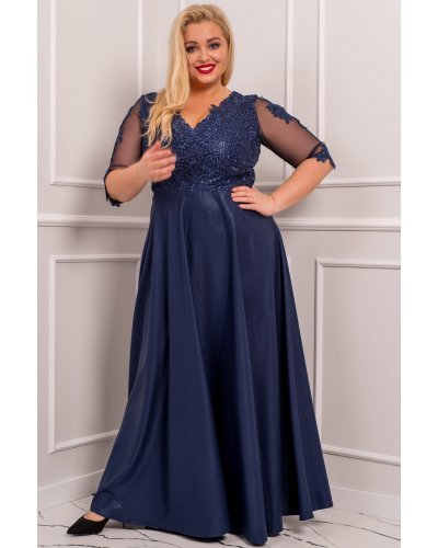 Rochie lunga eleganta in marimi mari din dantela si brocard bleumarin Adalyze Rochii lungi, Rochie lunga eleganta in marimi mari din dantela si brocard bleumarin Adalyze - jojofashion.ro