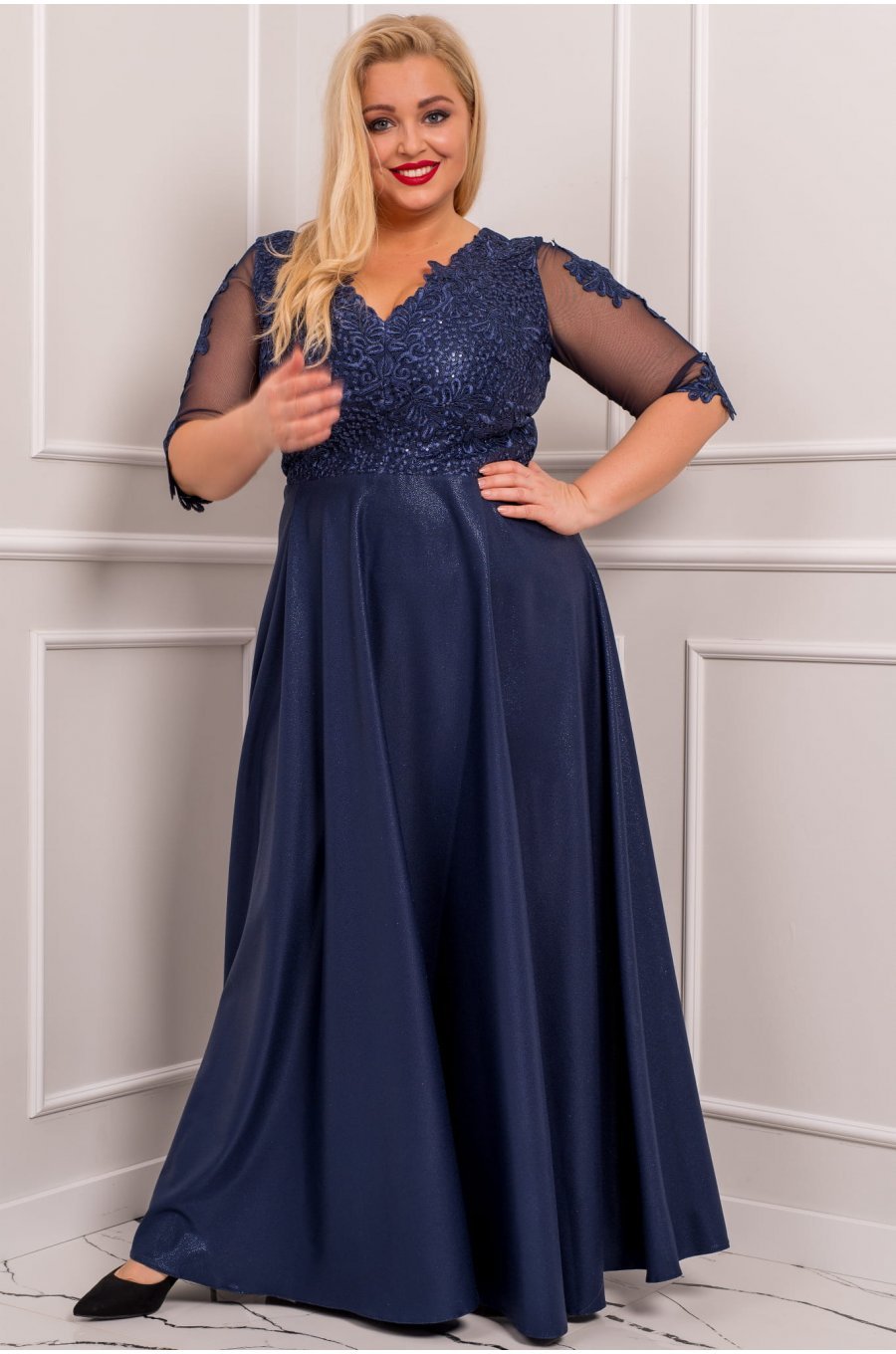Rochie lunga eleganta in marimi mari din dantela si brocard bleumarin Adalyze 2 - jojofashion.ro