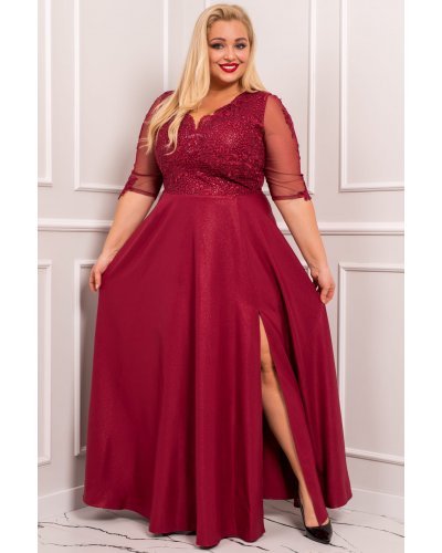Rochie lunga XXL din dantela si brocard burgundy Adalyze Rochii lungi, Rochie lunga XXL din dantela si brocard burgundy Adalyze - jojofashion.ro
