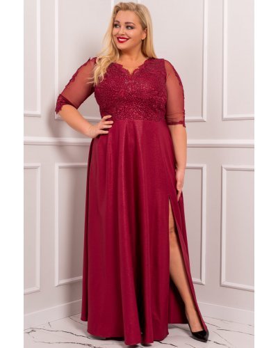 Rochie lunga XXL din dantela si brocard burgundy Adalyze Rochii lungi, Rochie lunga XXL din dantela si brocard burgundy Adalyze - jojofashion.ro