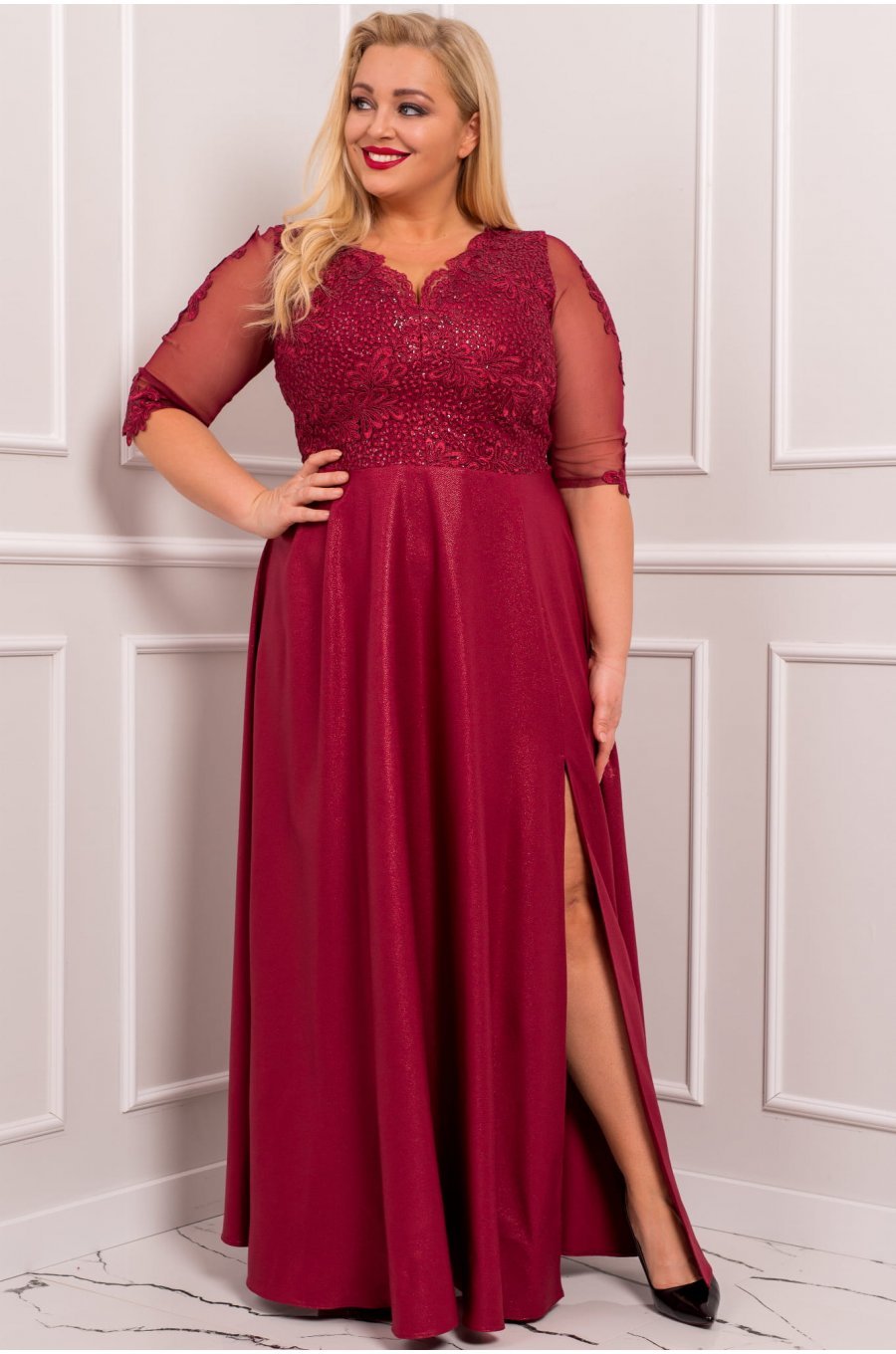 Rochie lunga XXL din dantela si brocard burgundy Adalyze Rochie lunga XXL din dantela si brocard burgundy Adalyze 2 - jojofashion.ro