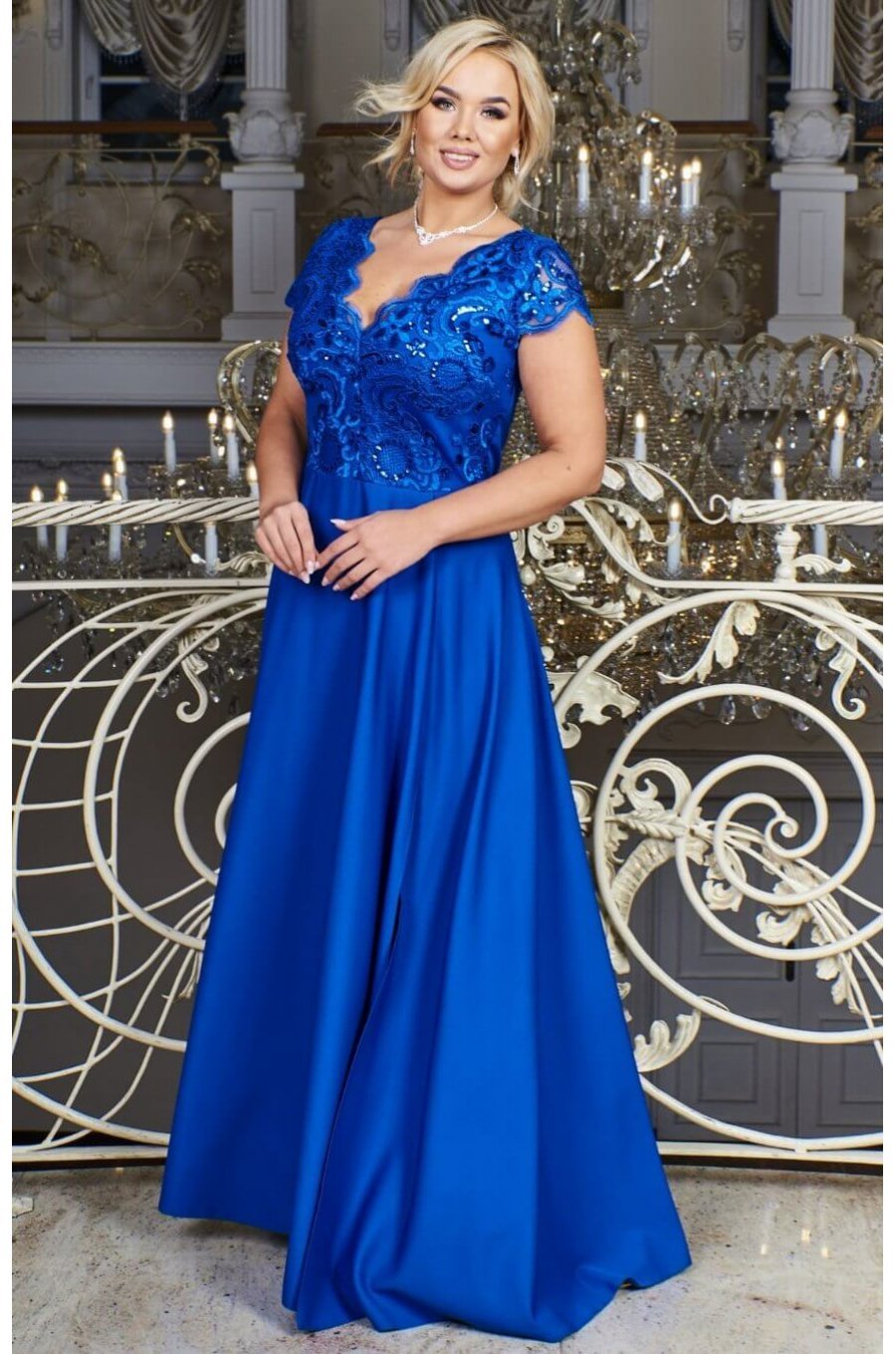 Rochie lunga eleganta XXL albastra din dantela si paiete Arianza 1 - jojofashion.ro