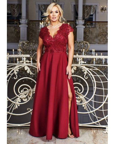 Rochie lunga eleganta XXL din dantela si paiete burgundy Arianza Rochii lungi, Rochie lunga eleganta XXL din dantela si paiete burgundy Arianza - jojofashion.ro