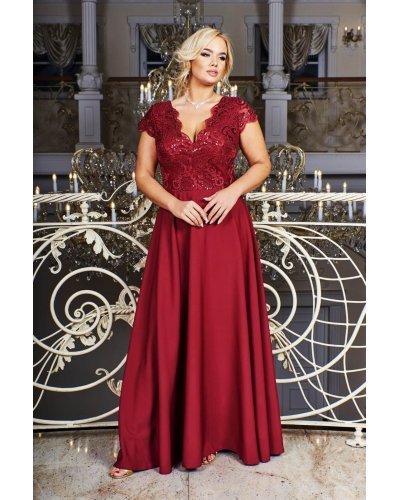 Rochie lunga eleganta XXL din dantela si paiete burgundy Arianza Rochii lungi, Rochie lunga eleganta XXL din dantela si paiete burgundy Arianza - jojofashion.ro