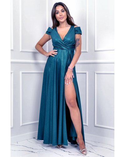 Rochie lunga verde turcoaz din brocard cu umerii goi Gala Rochii lungi, Rochie lunga verde turcoaz din brocard cu umerii goi Gala - jojofashion.ro