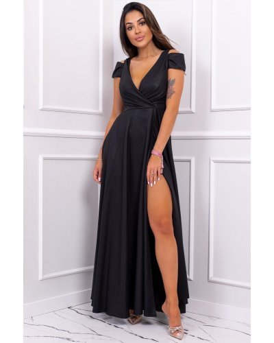 Rochie lunga eleganta neagra din brocard cu umerii goi Gala Rochii lungi, Rochie lunga eleganta neagra din brocard cu umerii goi Gala - jojofashion.ro