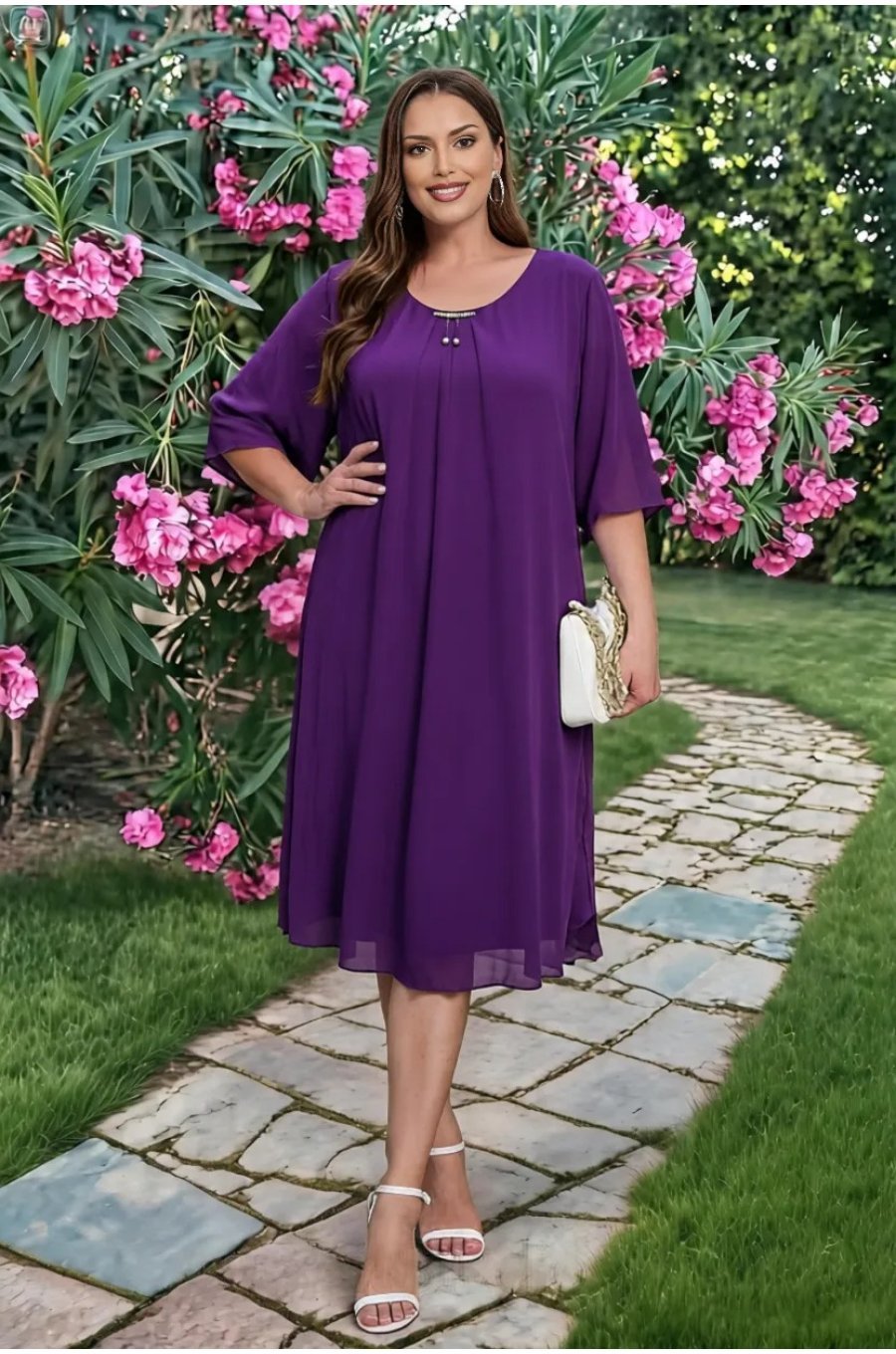 Rochie marime mare midi mov pruma din voal vaporoasa Ilinca 1 - jojofashion.ro