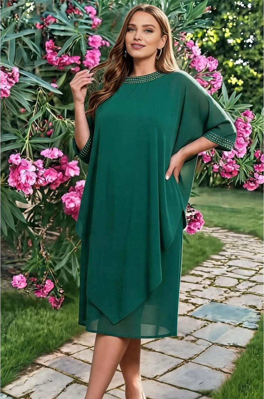 Rochie marime mare midi verde din voal vaporoasa Marya 1 - jojofashion.ro