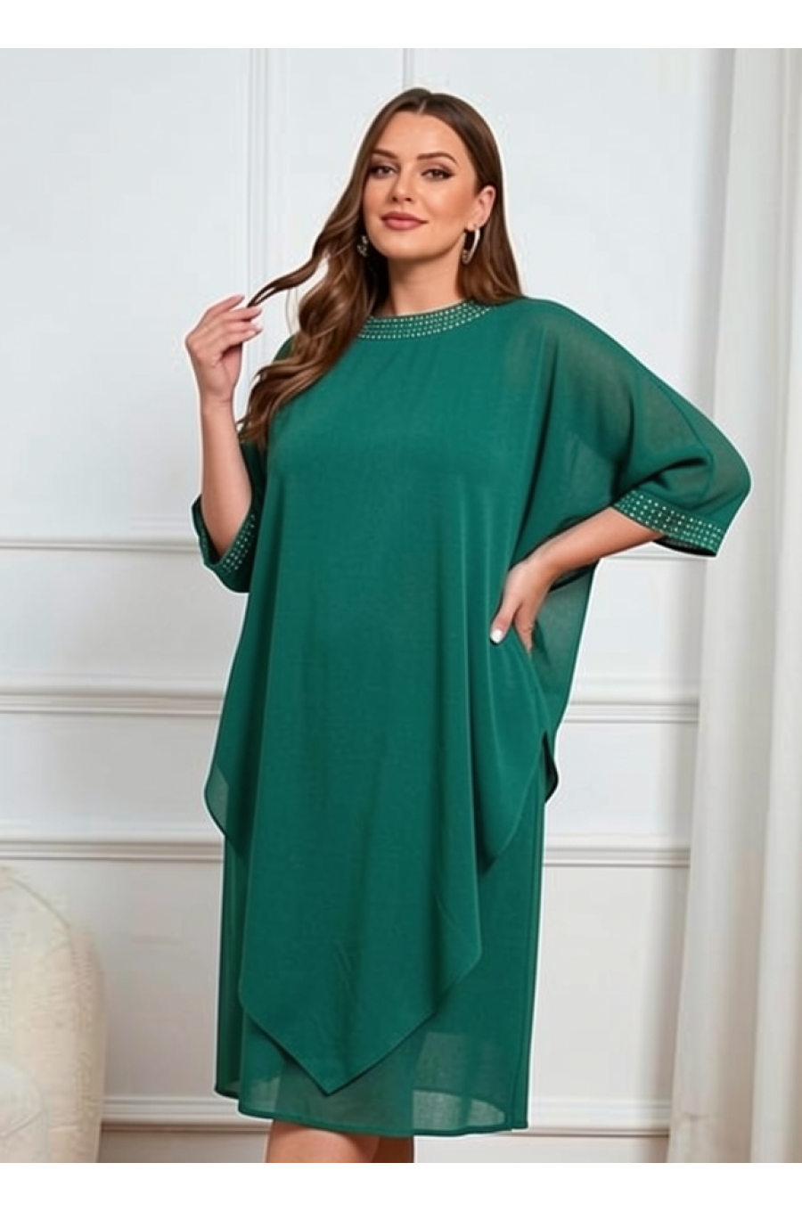 Rochie marime mare midi verde din voal vaporoasa Marya 2 - jojofashion.ro