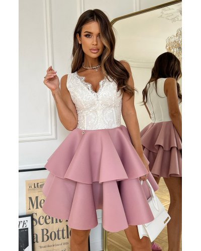 Rochie eleganta baby doll roz cu volane suprapuse Caryne Rochii cununie civila, Rochie eleganta baby doll roz cu volane suprapuse Caryne - jojofashion.ro