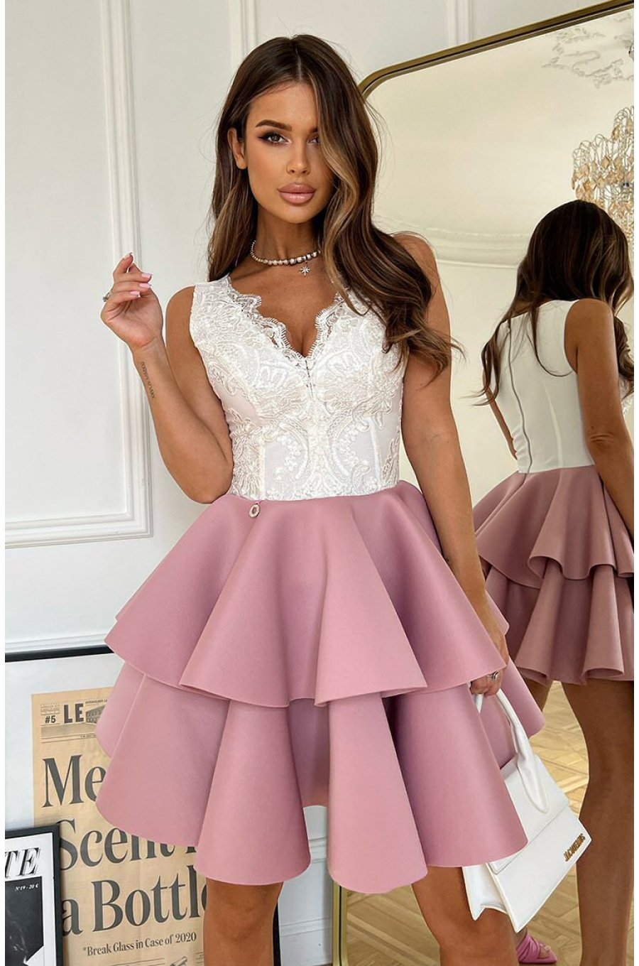 Rochie eleganta baby doll roz cu volane suprapuse Caryne 1 - jojofashion.ro