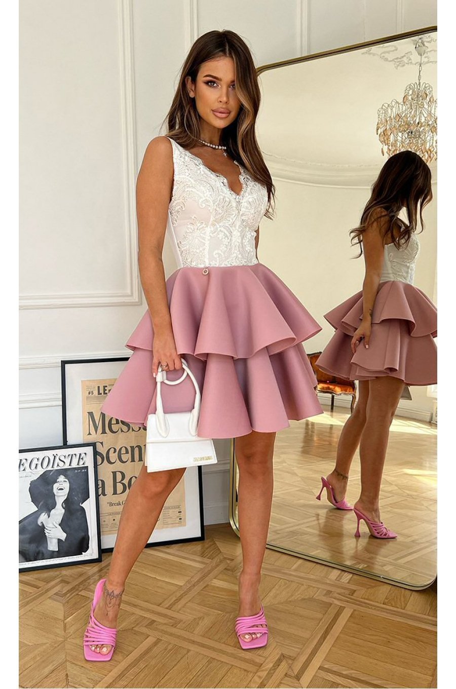 Rochie eleganta baby doll roz cu volane suprapuse Caryne 3 - jojofashion.ro
