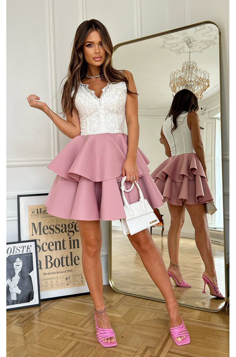 Rochie eleganta baby doll roz cu volane suprapuse Caryne 4 - jojofashion.ro