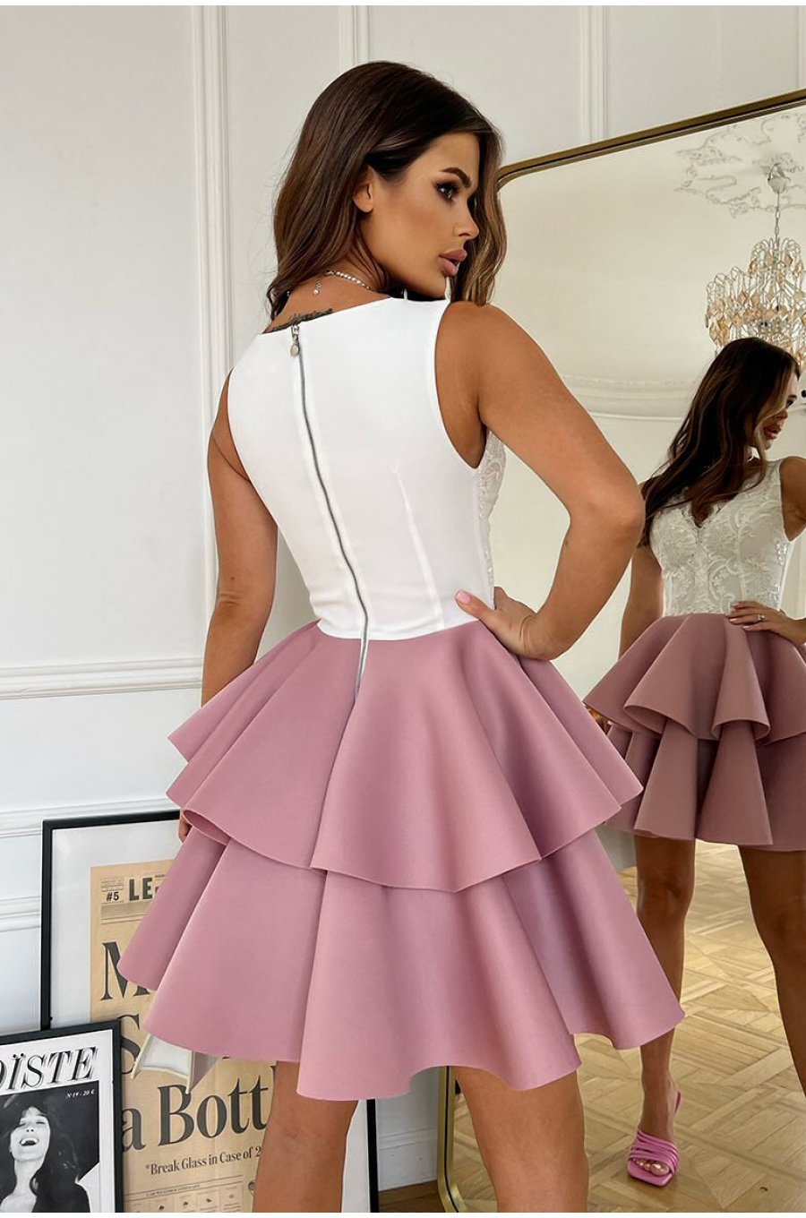 Rochie eleganta baby doll roz cu volane suprapuse Caryne 2 - jojofashion.ro