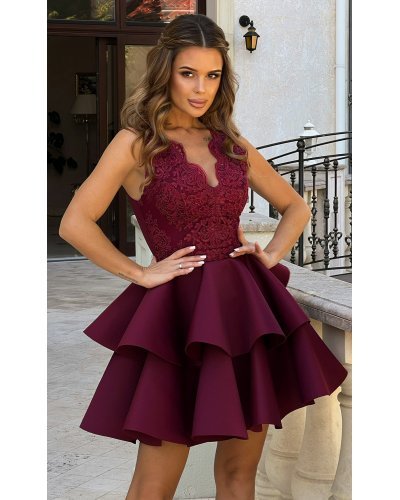 Rochie eleganta scurta, dantela burgundy, baby doll, cu volane suprapuse, Caryne Rochii burgundy, Rochie eleganta scurta, dantela burgundy, baby doll, cu volane suprapuse, Caryne - jojofashion.ro