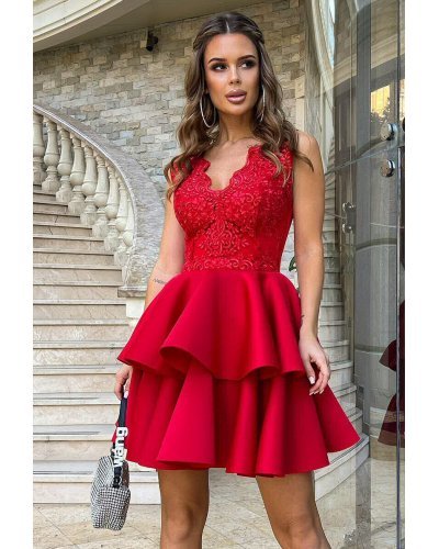 Rochie eleganta rosie baby doll cu volane suprapuse Caryne Rochii de vara, Rochie eleganta rosie baby doll cu volane suprapuse Caryne - jojofashion.ro