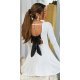 Rochie baby doll scurta alba cu funda neagra cu maneca lunga si spate gol Aimee 2 - jojofashion.ro