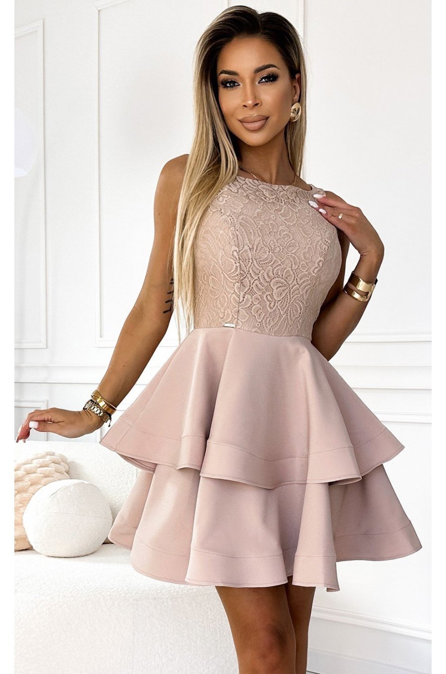 Rochie baby doll cu dantela pe bust bej cu volane suprapuse Zoey 4 - jojofashion.ro