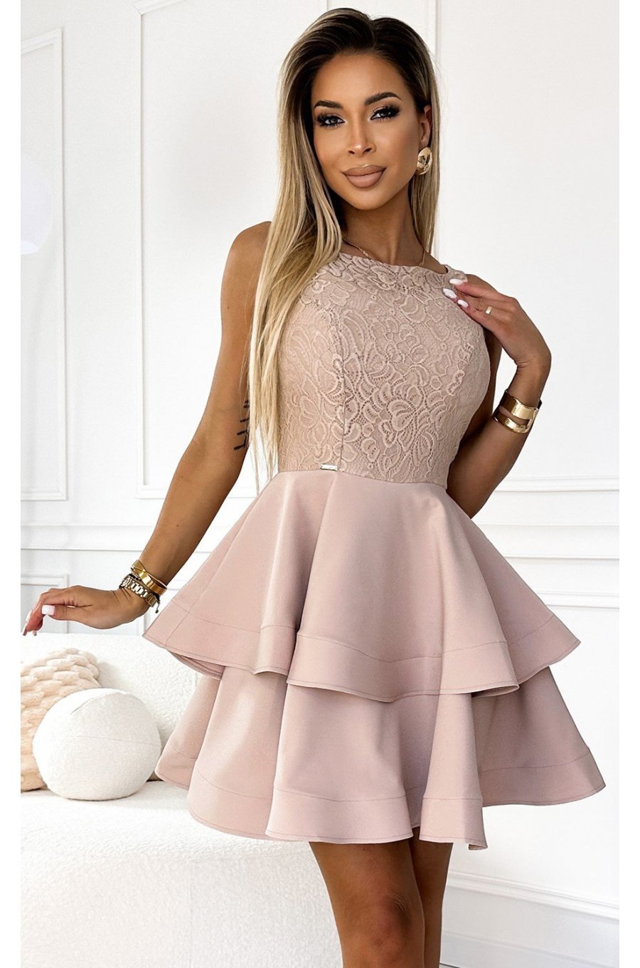 Rochie baby doll scurta, cu dantela pe bust, bej, cu volane suprapuse, Zoey 4 - jojofashion.ro