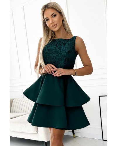 Rochie baby doll cu dantela verde smarald cu volane suprapuse Zoey Rochii de Ocazie Elegante, Rochie baby doll cu dantela verde smarald cu volane suprapuse Zoey - jojofashion.ro