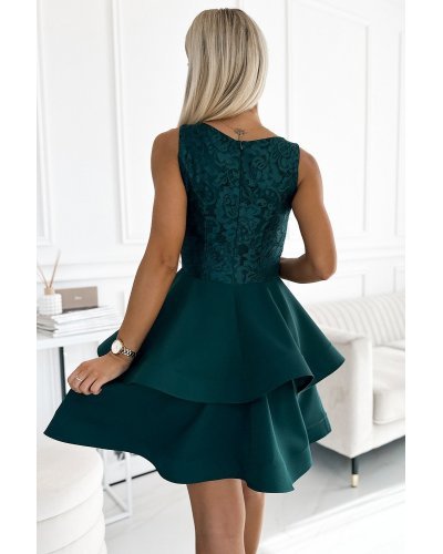 Rochie baby doll cu dantela verde smarald cu volane suprapuse Zoey Rochii de Ocazie Elegante, Rochie baby doll cu dantela verde smarald cu volane suprapuse Zoey - jojofashion.ro