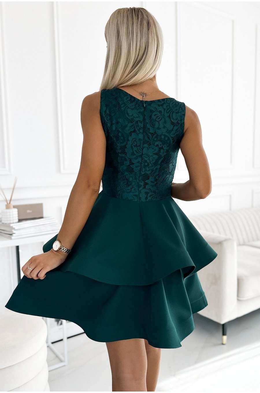 Rochie baby doll scurta, cu dantela, verde smarald, cu volane suprapuse, Zoey 2 - jojofashion.ro