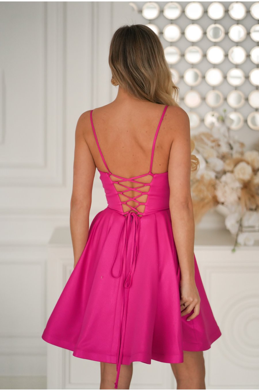 Rochie baby doll scurta din brocard roz fucsia cu bust tip corset Rosalynn 2 - jojofashion.ro