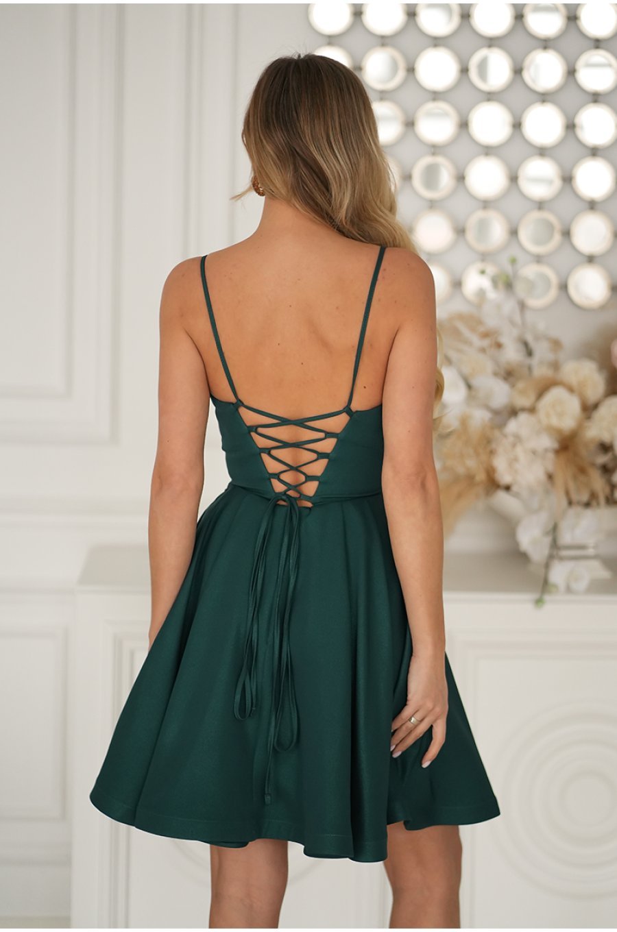 Rochie baby doll scurta din brocard verde cu bust tip corset Rosalynn 2 - jojofashion.ro