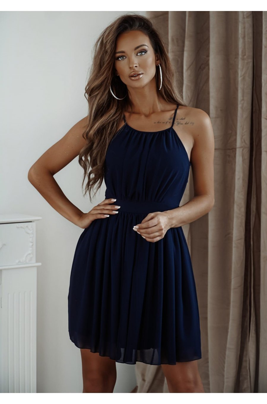 Rochie scurta baby doll din chiffon bleumarin cu umerii goi vaporoasa CristalW2 1 - jojofashion.ro